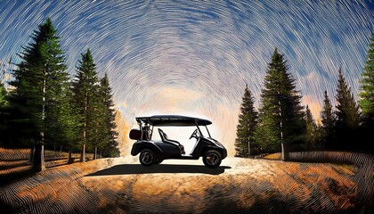 a powerful black golf cart sits on a dirt path surrounded by lush pine trees symbolizing adventure and freedom in outdoor recreational activities and leisure pursuits