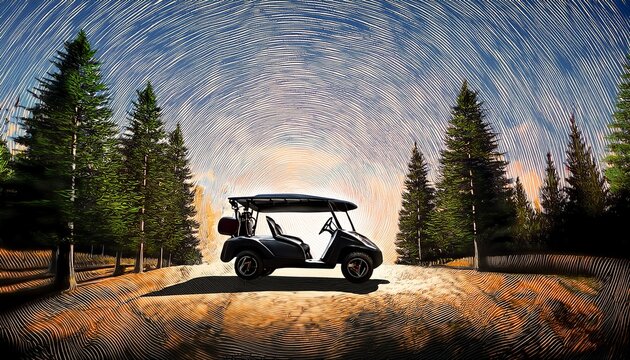 a powerful black golf cart sits on a dirt path surrounded by lush pine trees symbolizing adventure and freedom in outdoor recreational activities and leisure pursuits