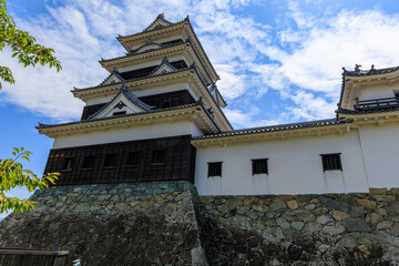 石垣の上にそびえる愛媛県大洲城の美しい天守閣と歴史的景観