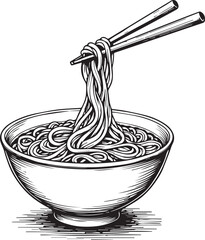Noodle Delight: An exquisite black and white illustration of a traditional bowl of noodles, skillfully held with chopsticks.