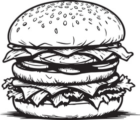 Burger Extravaganza: An artistic, black and white rendering of a towering burger, overflowing with layered components and delectable fillings, a feast for the eyes, perfect for culinary enthusiasts.