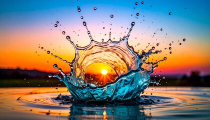 A vibrant water splash at sunset, showcasing a beautiful array of colors and textures.