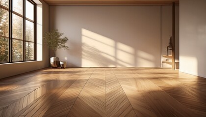 Fototapeta premium sunlit elegance a minimalist interior with herringbone wood floors