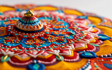 Fototapeta premium Detailed image of colorful sand mandala used in meditation rituals isolated on white background PNG
