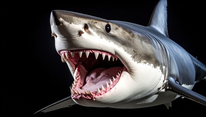 Fierce Great White Shark with Open Mouth Against Black Background.