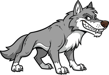 Cartoon aggressive wolf, sharp teeth, grey fur, white patches, bushy tail, vector illustration, predator stance, fierce animal character
