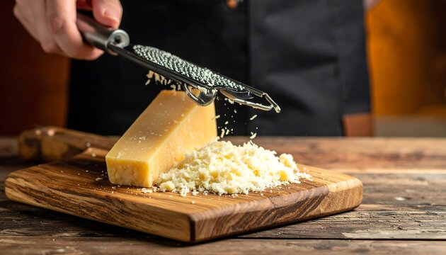 Grated cheese falling from a grater onto a wooden cutting board, showcasing a block of cheese.