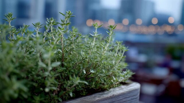 Medium shot focusing on a cluster of healthy thyme sprigs in a misted aeroponic tower rooftop cafe patrons and cityscape softly out of focus behind.