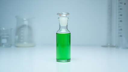Green liquid in a glass laboratory bottle with stopper