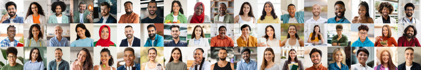 Fototapeta premium A collection of diverse individuals shows a range of happy expressions. Each person represents different backgrounds, cultures, and lifestyles, captured together in a bright and cheerful setting.