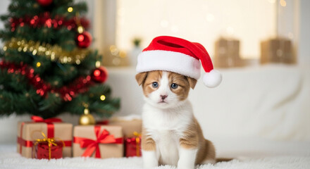 Fototapeta premium An adorable puppy wearing a Santa hat sits in front of a decorated Christmas tree with wrapped gifts, creating a festive and heartwarming holiday scene with a soft, cozy background.