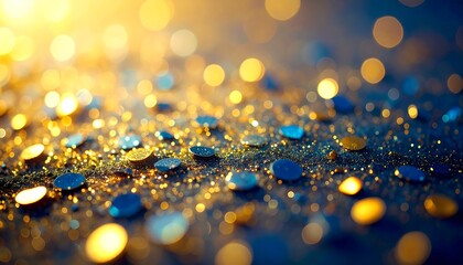 A glittering display of gold and blue sequins, scattered on a dark surface, illuminated by warm light, creating a festive and celebratory atmosphere.