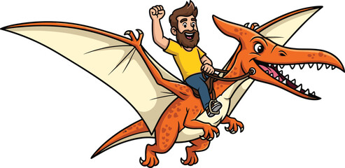 Cartoon person riding pterodactyl, flying dinosaur character, fantasy adventure pose, orange wings, vector illustration, prehistoric action design © Creative Minds
