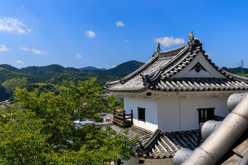 天守閣から眺める大洲城の瓦屋根と青空の風景