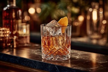 A sophisticated Old Fashioned cocktail with ice and orange peel, on a dark bar counter.