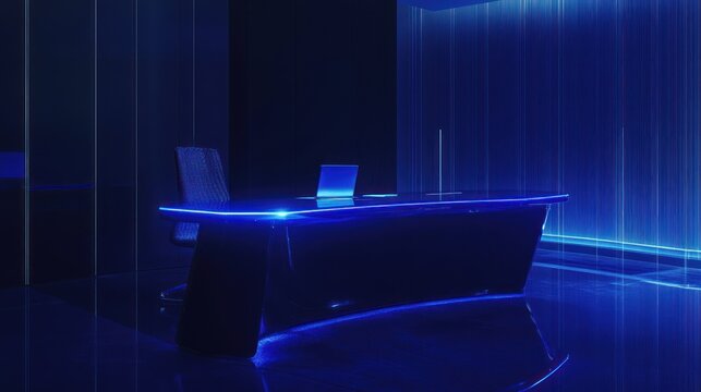 Futuristic office desk, illuminated by blue light, digital lines in background