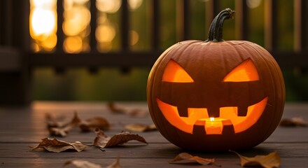 Fototapeta premium Glowing JackoLantern with Candlelight on Wooden Deck Autumnal Scene.