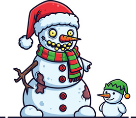 Cartoon snowman duo, creepy festive characters, Santa hat, carrot nose, yellow eyes, winter illustration, holiday vector, unusual Christmas design