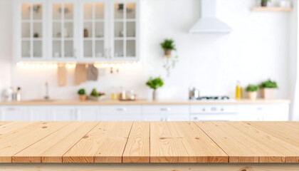 Light Wooden Tabletop Mockup: Bright Modern Kitchen Background, Clean Minimalist Style, Product Placement