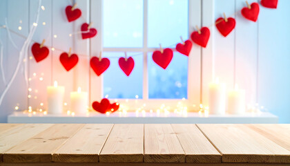 Romantic Valentine's Day scene: Wooden table, red felt hearts garland, candles, fairy lights, blurred window background.