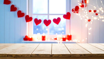 Romantic Valentine's Day scene: Wooden table with blurred background of red hearts, candles, and fairy lights near a window.