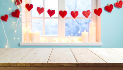 Romantic Valentine's Day scene: Light wooden table, blurred background of red felt hearts, fairy lights, and candles on a windowsill.