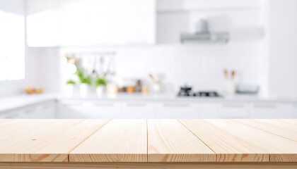 Light Wooden Tabletop Mockup: Blurred Modern White Kitchen Background, Clean and Bright, Ideal for Product Displays or Culinary Advertising.
