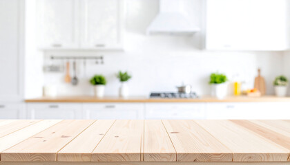 Bright Modern Kitchen: Clean Wooden Tabletop with Blurred Background, Ideal for Product Placement or Recipe Display.