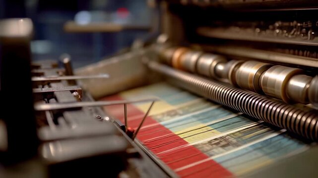 Medium shot capturing detailed printing rollers of a classic Heidelberg press producing colorful travel postcards with softly blurred shelves and old tourism posters fading into