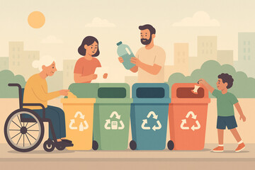Stylized Flat Vector Illustration of an Inclusive Urban Recycling Station — People Sorting Waste with Multiple Bins in a Modern Eco-Friendly City