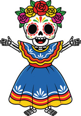 Day of the Dead skeleton, Mexican celebration, floral skull, rose crown, colorful dress, dancing character, vector cultural illustration