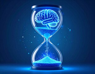 Glowing Blue Brain Inside Hourglass Time Concept
