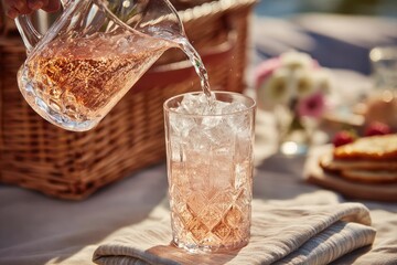 Refreshing pink drink poured into elegant glass with ice cubes outdoor.