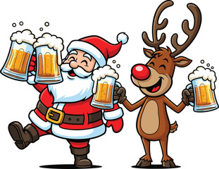 Santa and reindeer drinking beer, cartoon Christmas characters, festive mugs, holiday party illustration, funny vector design, celebration scene