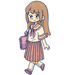 半袖の学生服の女の子単色手描きイラスト