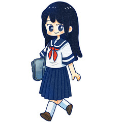 半袖のセーラー服を着た女の子手描きイラスト