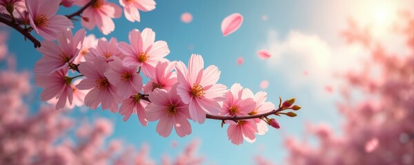 Soft pink cherry blossoms bloom against clear blue sky with scattered clouds. Gentle sun rays illuminate delicate petals. Petals drift in light breeze, creating tranquil spring scene. Ideal for