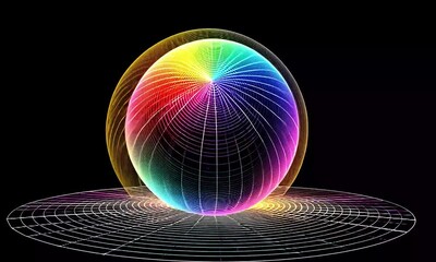 Dynamic 3D Animation of a Luminous Rainbow Wireframe Globe Rotating on a Digital Plane. - Powered by Adobe