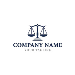 Scales of justice logo design, with space for company name and tagline, in dark blue on a white background.