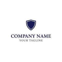 A simple, modern logo featuring a dark blue shield emblem above placeholder text for 