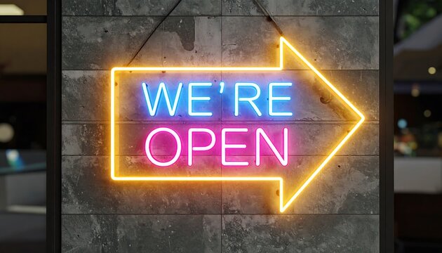 A vibrant neon sign, shaped like an arrow, proclaims "We're Open" against a textured stone wall. - Powered by Adobe