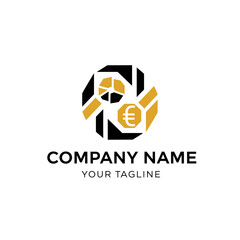 Fototapeta premium A geometric logo concept for a finance company, featuring a gold Euro coin and an analytics chart within a black, shutter-like frame.