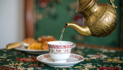 Golden teakettle pours steaming tea into a delicate white cup, set against a floral patterned cloth.
