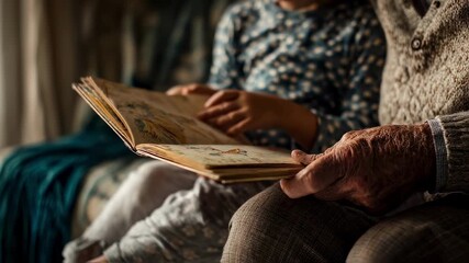 Elderly man holding and reading a storybook to his young granddaughter, sharing a heartwarming moment filled with love, care, and the joy of family bonding and connection - Powered by Adobe