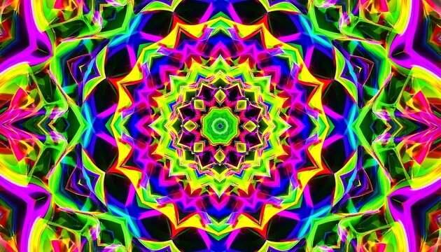 A vibrant, symmetrical design features a kaleidoscopic pattern of glowing, geometric shapes in a spectrum of bright colors, radiating outward from a central point.