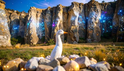 A serene landscape featuring illuminated rock formations, dotted with sparkling lights, and a solitary white duck amidst a field of pebbles.