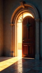 Fototapeta premium A slightly open door reveals a sunlit church interior, suggesting a welcoming entry into faith The threshold symbolizes a transition and new beginnings , journey, faith