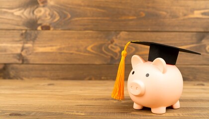 A charming piggy bank, topped with a graduation cap, sits on a rustic wooden surface, suggesting financial success after academic achievement.