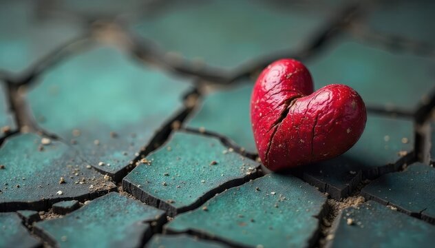 A single, withered heart rests alone on a cracked, dusty surface, symbolizing profound isolation and emotional emptiness The muted colors evoke feelings of sadness and longing , grief, loneliness