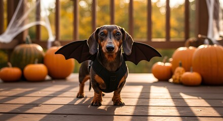 Adorable Dachshund in Bat Wings Poses on a Deck with Pumpkins in Warm Autumn Light.